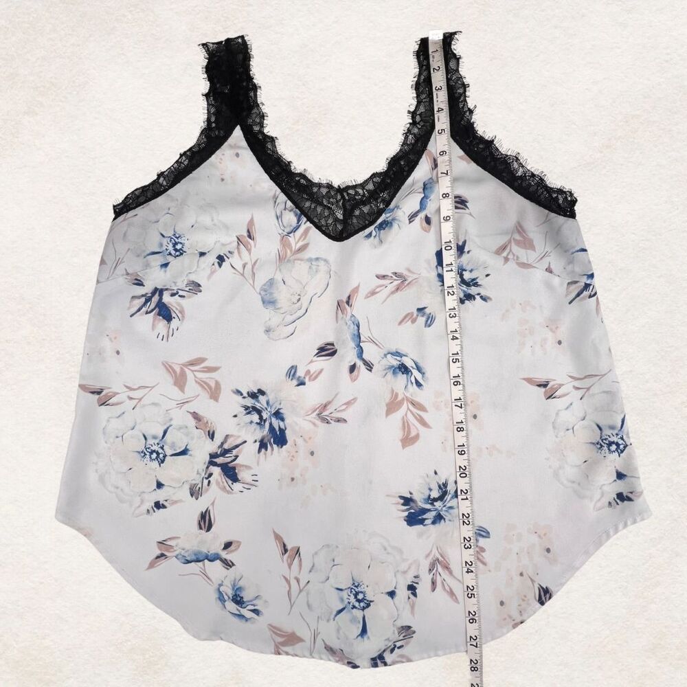 Cami XL Blue Pink Floral Lace Trim Edge Boho V Neck Romantic Lightweight Blouse - Picture 4 of 8